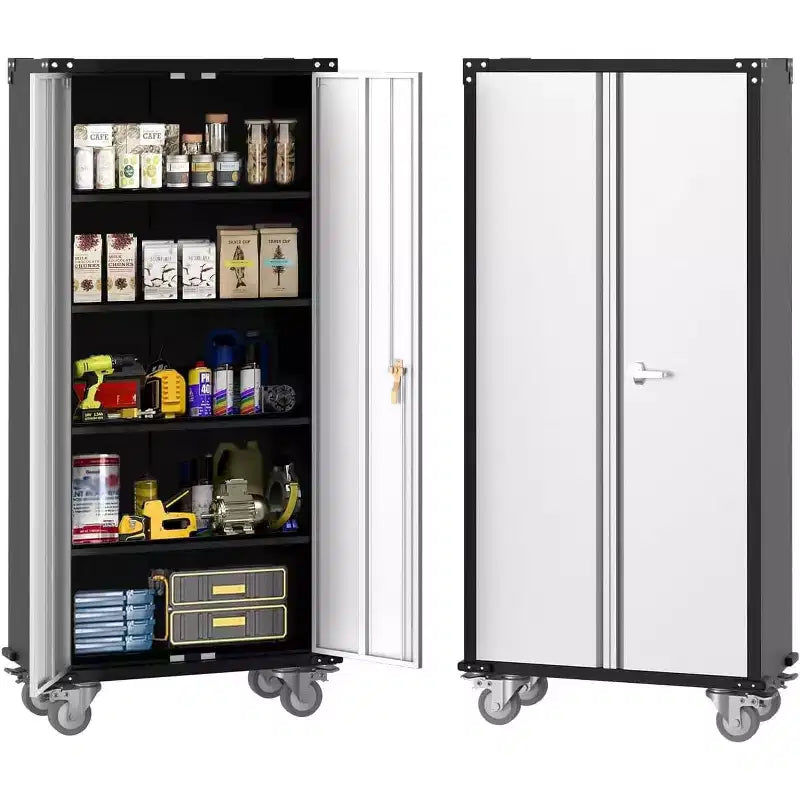 Heavy-duty steel multi-purpose storage cabinet with 2 lockable doors and 4 adjustable shelves, ideal for organizing tools in garages, offices