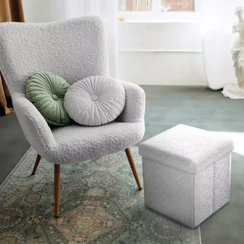 Pouff contenitore pieghevole in tessuto Teddy da 38 cm - Pouff multifunzionale accogliente, sgabello per soggiorno, camera da letto, dormitorio e altro ancora