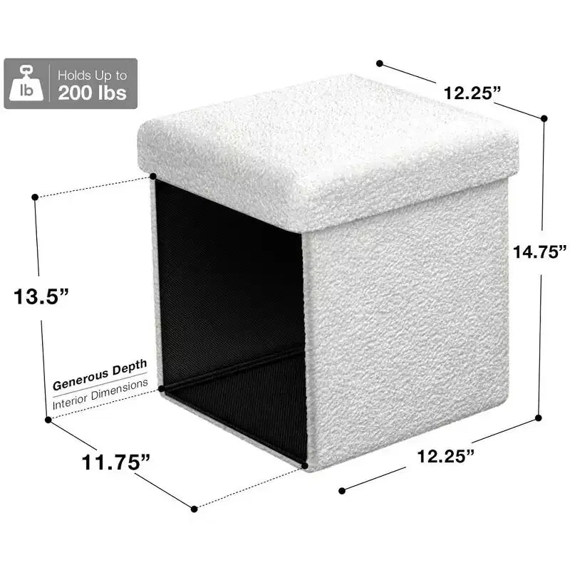Pouff contenitore pieghevole in tessuto Teddy da 38 cm - Pouff multifunzionale accogliente, sgabello per soggiorno, camera da letto, dormitorio e altro ancora