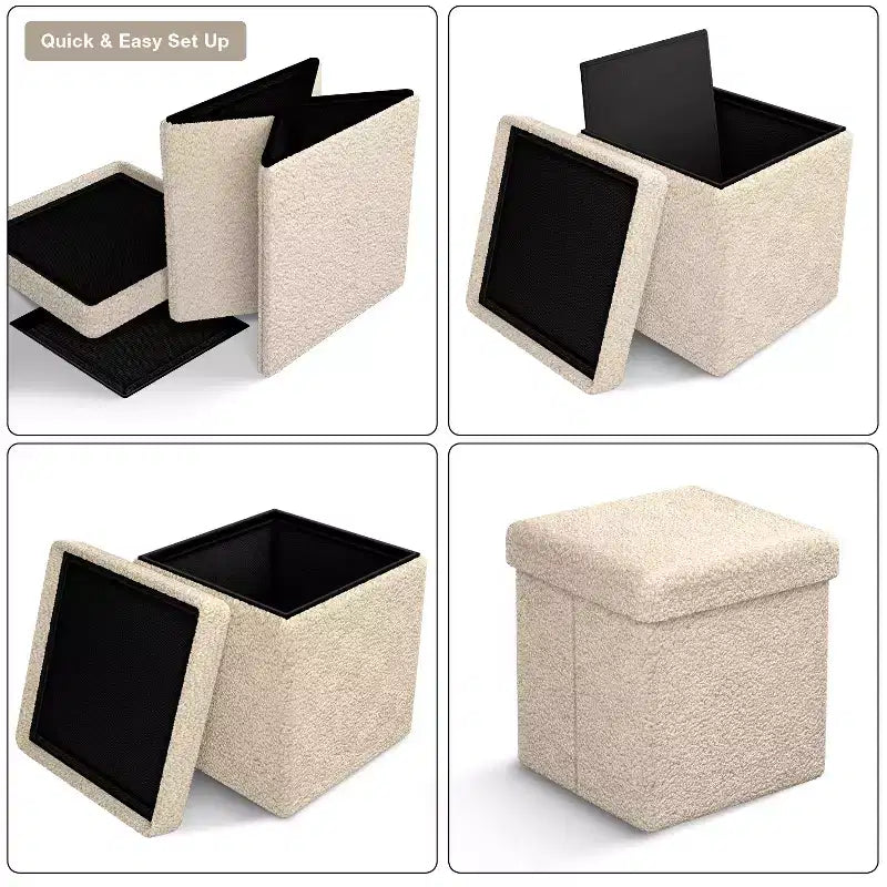 Pouff contenitore pieghevole in tessuto Teddy da 38 cm - Pouff multifunzionale accogliente, sgabello per soggiorno, camera da letto, dormitorio e altro ancora