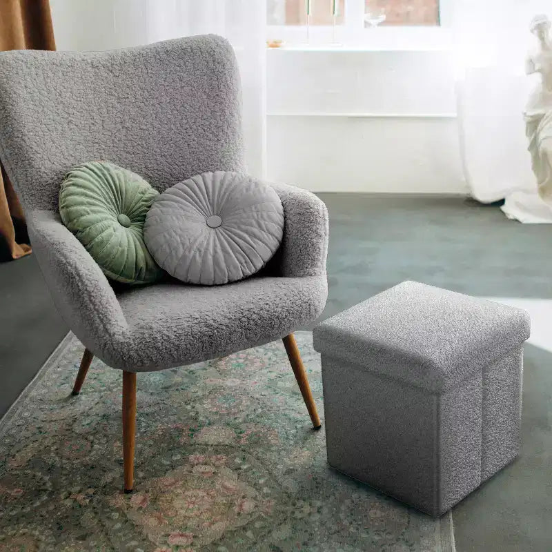 Pouff contenitore pieghevole in tessuto Teddy da 38 cm - Pouff multifunzionale accogliente, sgabello per soggiorno, camera da letto, dormitorio e altro ancora