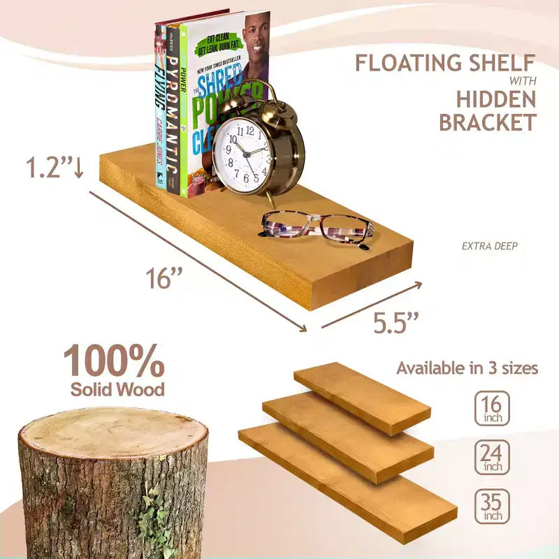 Confezione da 2 mensole galleggianti in legno massello da 40 cm - per arredo bagno, libri, camera da letto e soggiorno