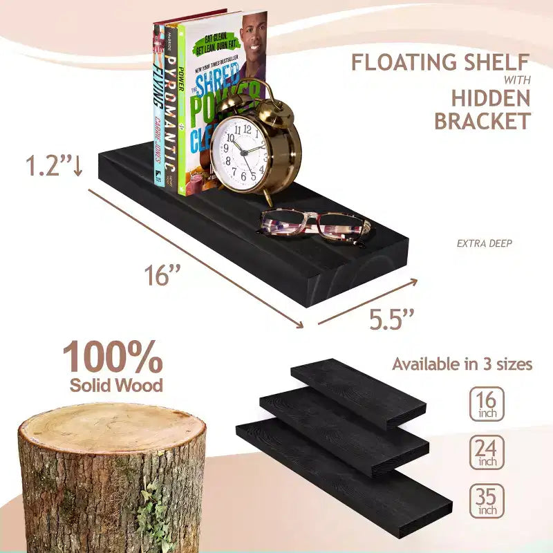 Confezione da 2 mensole galleggianti in legno massello da 40 cm - per arredo bagno, libri, camera da letto e soggiorno