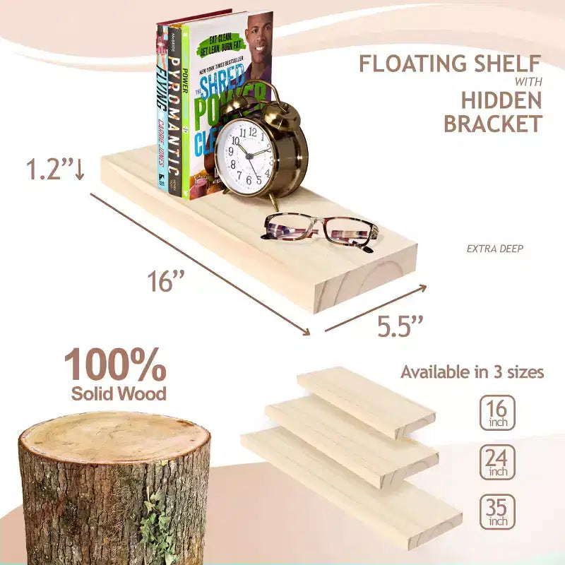 Confezione da 2 mensole galleggianti in legno massello da 40 cm - per arredo bagno, libri, camera da letto e soggiorno