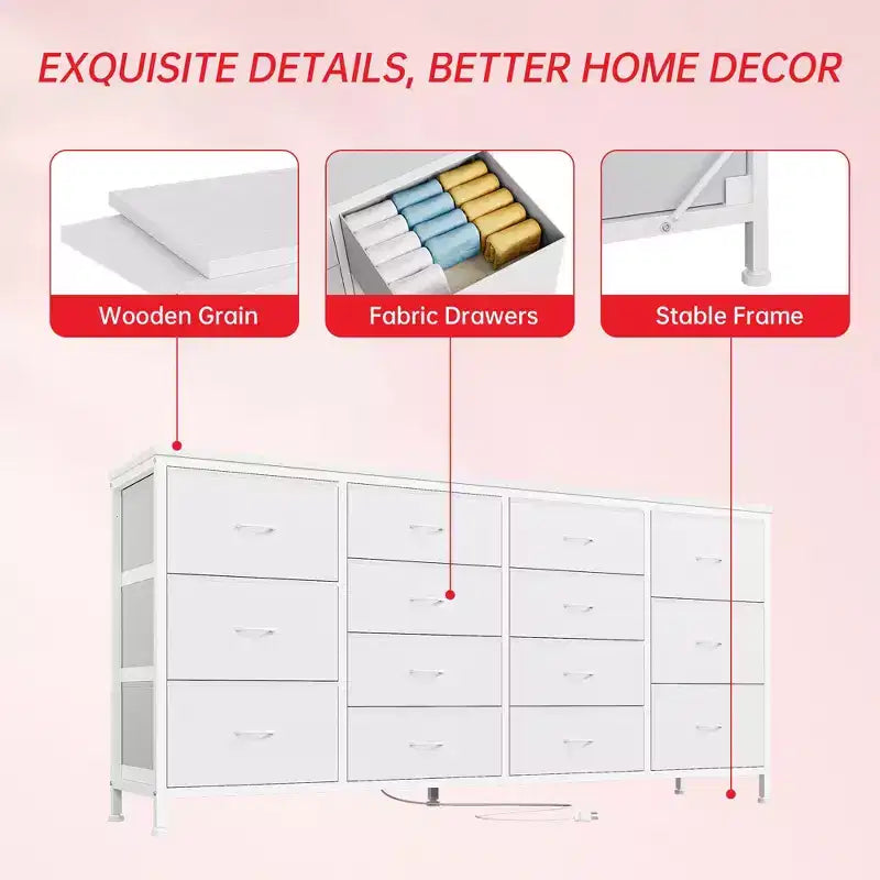 Mobile TV in Tessuto a 14 Cassetti, Credenza Lunga con Contenitore per Soggiorno Camera da Letto Ingresso