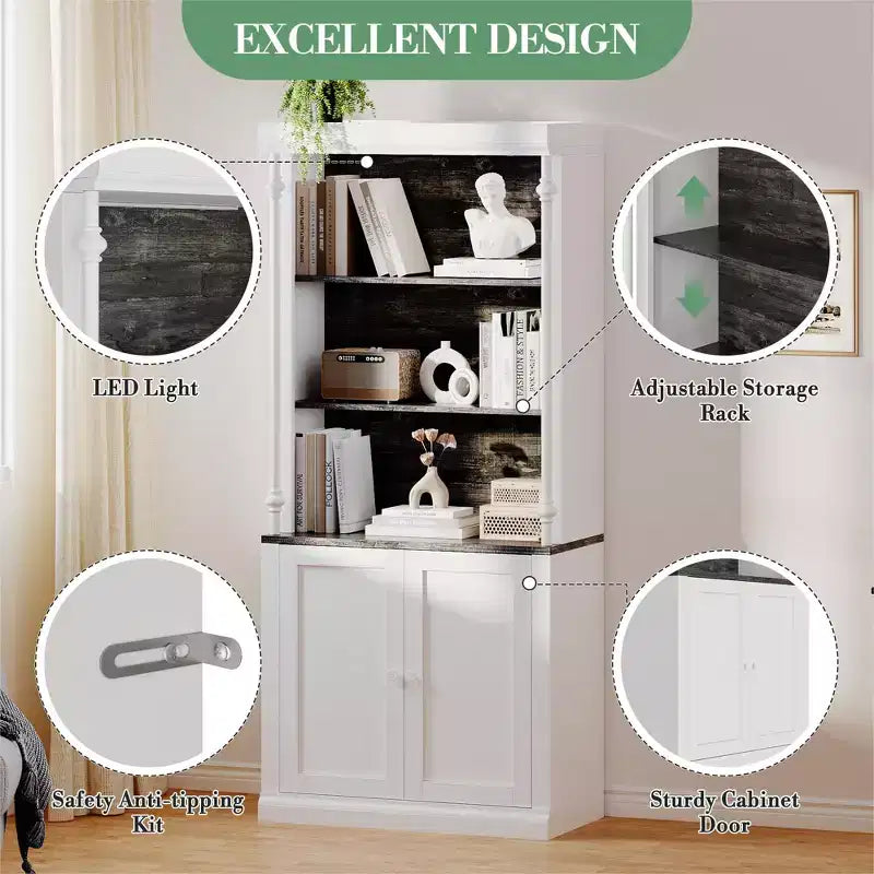 Credenza freestanding con illuminazione a LED, dotata di due ante e ripiani regolabili, ideale per sale da pranzo e soggiorni.