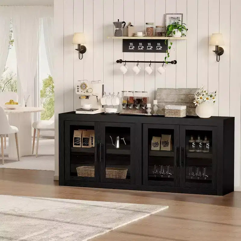 Madia moderna di metà secolo da 70,8 pollici con 4 ante in vetro, credenza in legno e console multimediale per soggiorno, sala da pranzo e corridoio