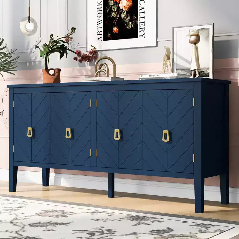 Credenza a quattro ante da 63 pollici, design a motivi geometrici con maniglie vintage, tavolo stretto da ingresso con gamba centrale