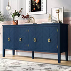 Credenza a quattro ante da 63 pollici, design a motivi geometrici con maniglie vintage, tavolo stretto da ingresso con gamba centrale