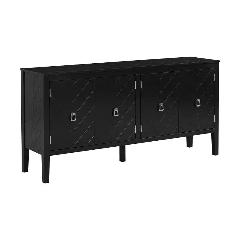Credenza a quattro ante da 63 pollici, design a motivi geometrici con maniglie vintage, tavolo stretto da ingresso con gamba centrale
