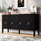 Credenza a quattro ante da 63 pollici, design a motivi geometrici con maniglie vintage, tavolo stretto da ingresso con gamba centrale
