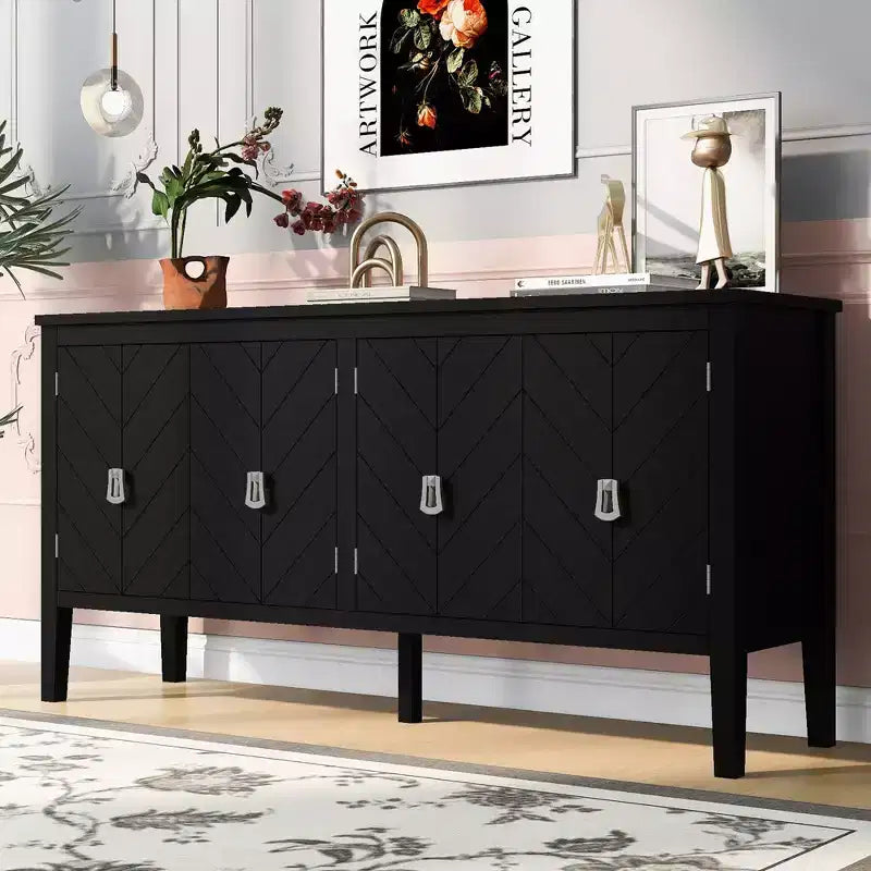 Credenza a quattro ante da 63 pollici, design a motivi geometrici con maniglie vintage, tavolo stretto da ingresso con gamba centrale