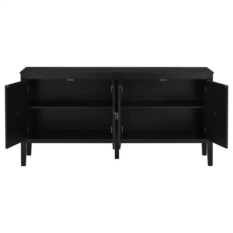 Credenza a quattro ante da 63 pollici, design a motivi geometrici con maniglie vintage, tavolo stretto da ingresso con gamba centrale