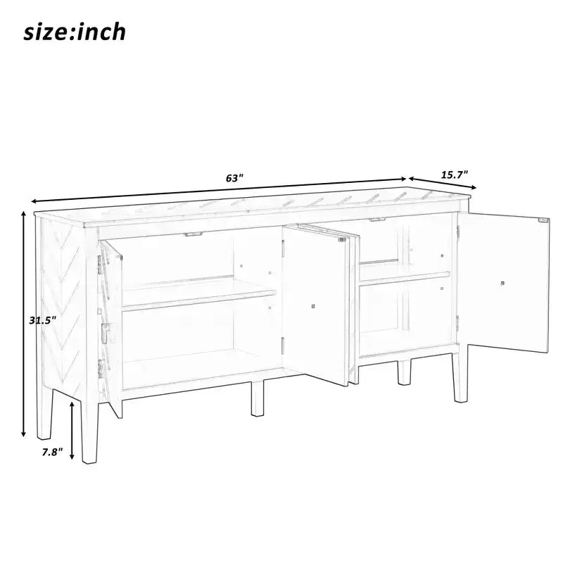 Credenza a quattro ante da 63 pollici, design a motivi geometrici con maniglie vintage, tavolo stretto da ingresso con gamba centrale