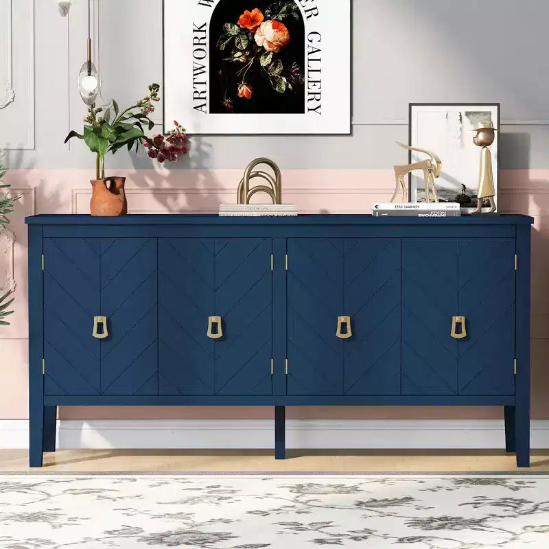 Credenza a quattro ante da 63 pollici, design a motivi geometrici con maniglie vintage, tavolo stretto da ingresso con gamba centrale