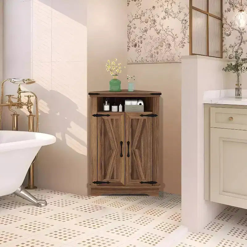 Mobile angolare da bagno per fattoria con anta scorrevole a granaio e ripiano regolabile, armadietti contenitori per bagno, cucina, soggiorno