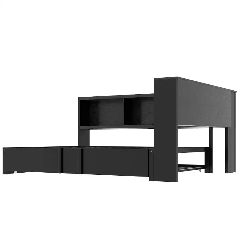 Divano letto matrimoniale con rotelle ed libreria, divano letto a L con porte USB, letto ad angolo matrimoniale in legno con testiera portaoggetti