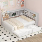 Divano letto matrimoniale con rotelle ed libreria, divano letto a L con porte USB, letto ad angolo matrimoniale in legno con testiera portaoggetti