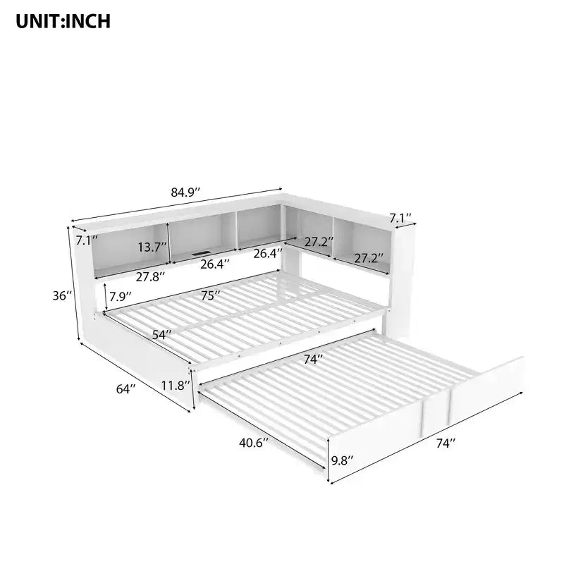 Divano letto matrimoniale con rotelle ed libreria, divano letto a L con porte USB, letto ad angolo matrimoniale in legno con testiera portaoggetti