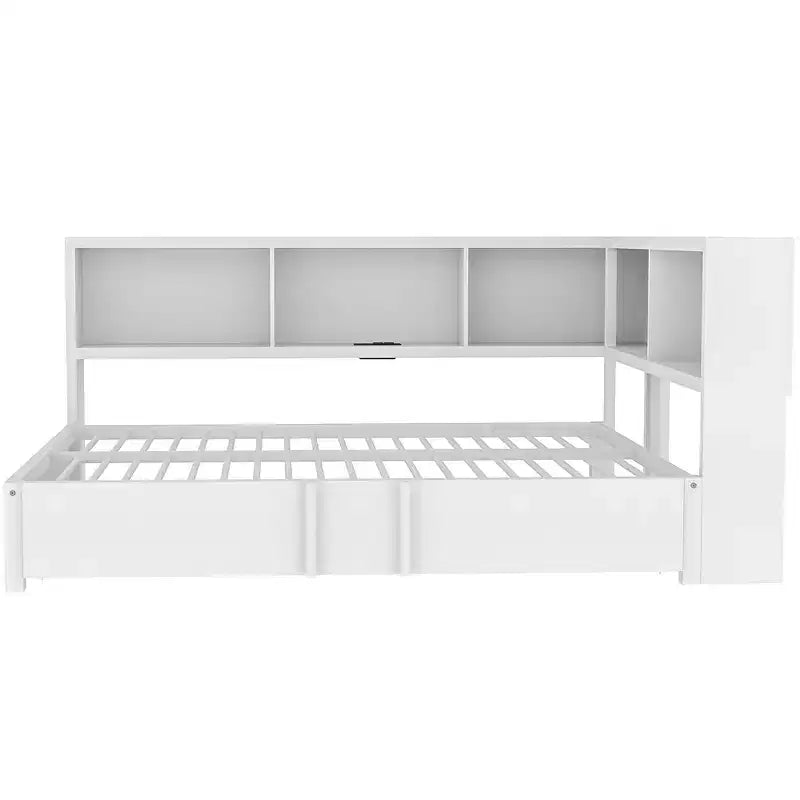 Divano letto matrimoniale con rotelle ed libreria, divano letto a L con porte USB, letto ad angolo matrimoniale in legno con testiera portaoggetti