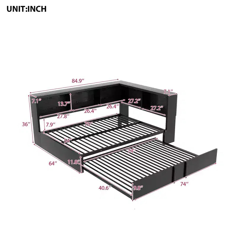 Divano letto matrimoniale con rotelle ed libreria, divano letto a L con porte USB, letto ad angolo matrimoniale in legno con testiera portaoggetti