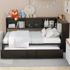 Divano letto matrimoniale con rotelle ed libreria, divano letto a L con porte USB, letto ad angolo matrimoniale in legno con testiera portaoggetti
