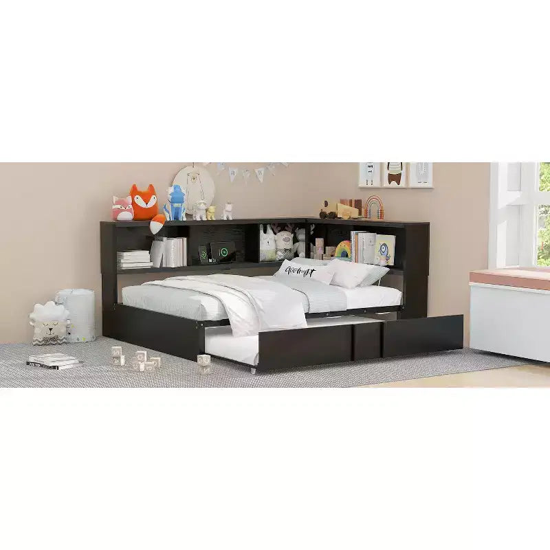 Divano letto matrimoniale con rotelle ed libreria, divano letto a L con porte USB, letto ad angolo matrimoniale in legno con testiera portaoggetti