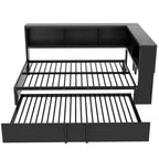 Divano letto matrimoniale con rotelle ed libreria, divano letto a L con porte USB, letto ad angolo matrimoniale in legno con testiera portaoggetti