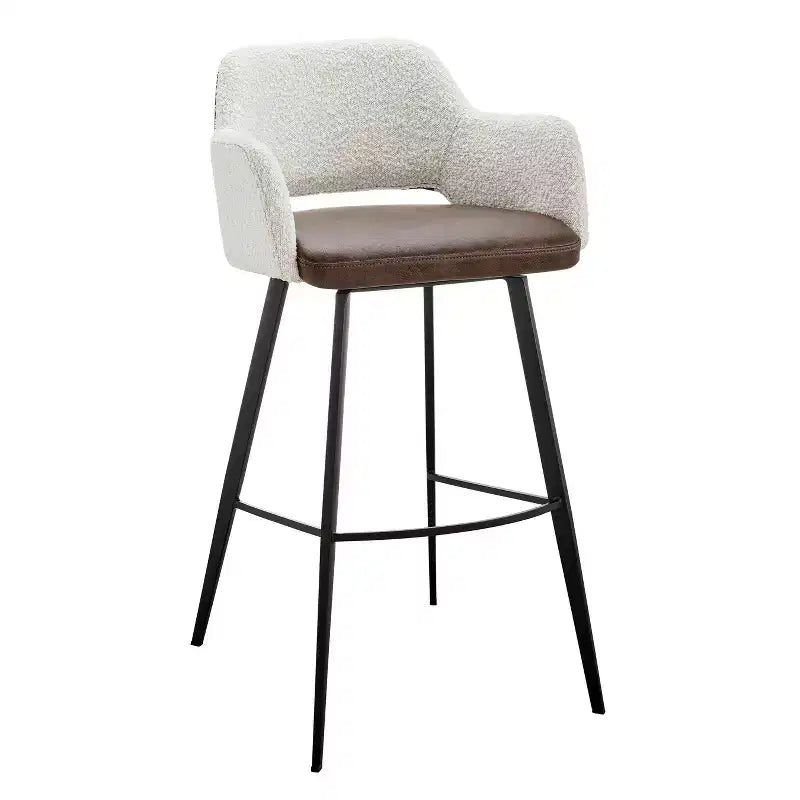 HomeRoots 30 Ivory Brown And Black Boucle Faux Leather And Steel Bar Height Swivel Bar Chair