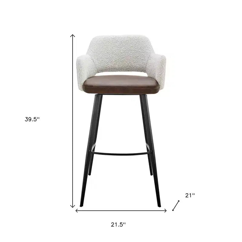 Sgabello Da Bar Girevole Alto 30 In Similpelle Bouclé Color Avorio, Marrone E Nero E Acciaio