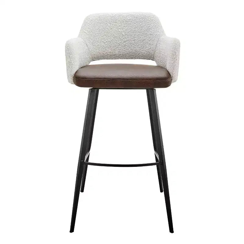 Sgabello Da Bar Girevole Alto 30 In Similpelle Bouclé Color Avorio, Marrone E Nero E Acciaio