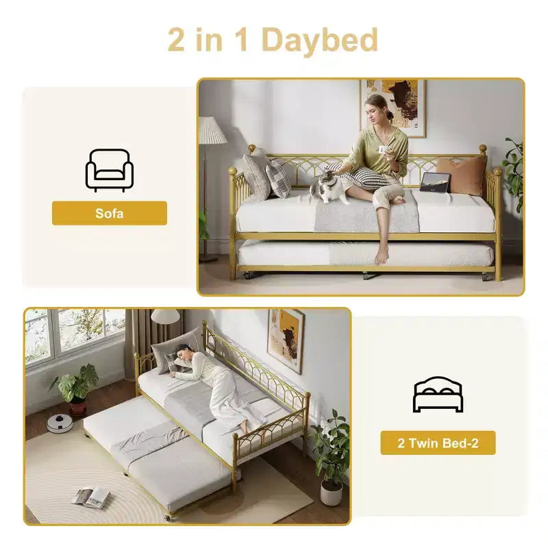Letto a Giorno Singolo con Letto Estraibile, Letto a Giorno in Metallo Misura Singola, Struttura Letto Divano con Letto Estraibile, Non Richiede Rete a Molle, per Soggiorno, Camera da Letto