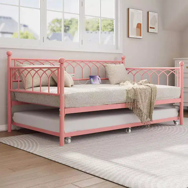 Letto a Giorno Singolo con Letto Estraibile, Letto a Giorno in Metallo Misura Singola, Struttura Letto Divano con Letto Estraibile, Non Richiede Rete a Molle, per Soggiorno, Camera da Letto