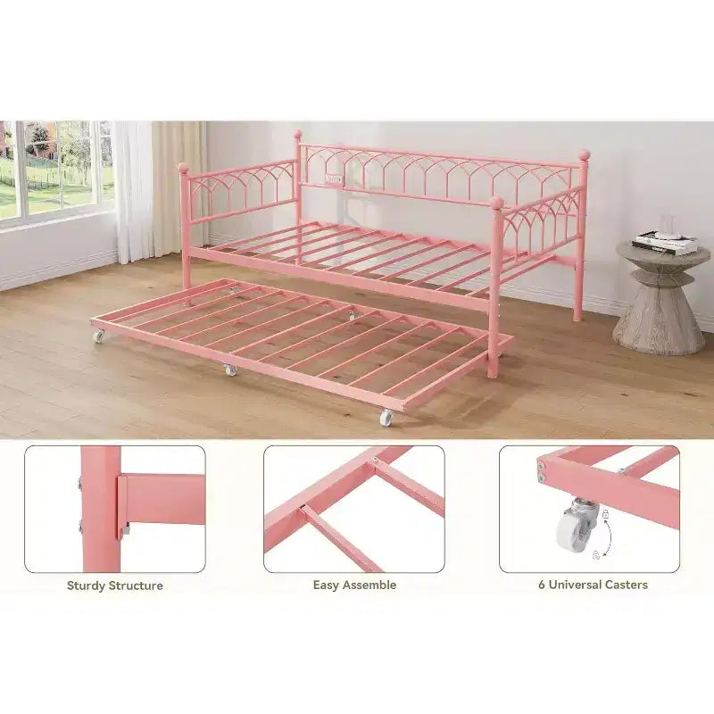 Letto a Giorno Singolo con Letto Estraibile, Letto a Giorno in Metallo Misura Singola, Struttura Letto Divano con Letto Estraibile, Non Richiede Rete a Molle, per Soggiorno, Camera da Letto