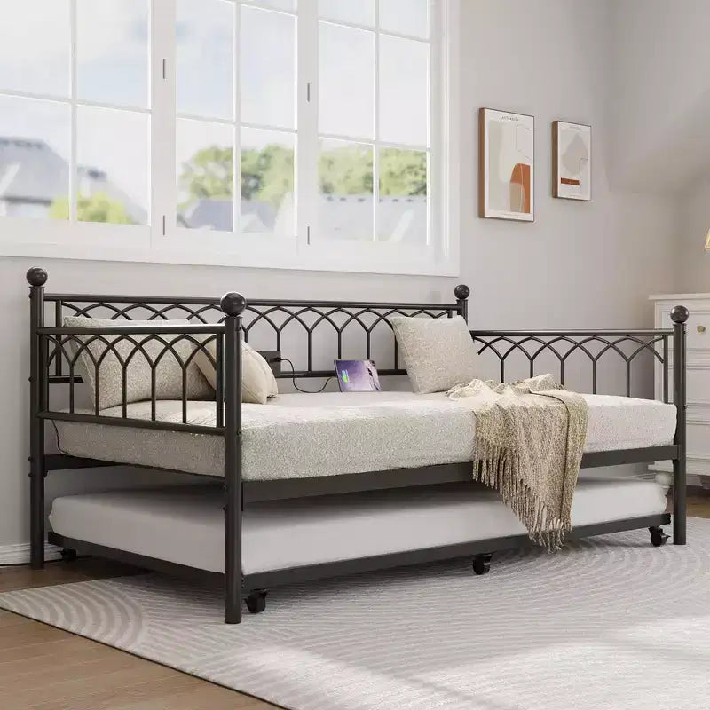 Letto a Giorno Singolo con Letto Estraibile, Letto a Giorno in Metallo Misura Singola, Struttura Letto Divano con Letto Estraibile, Non Richiede Rete a Molle, per Soggiorno, Camera da Letto