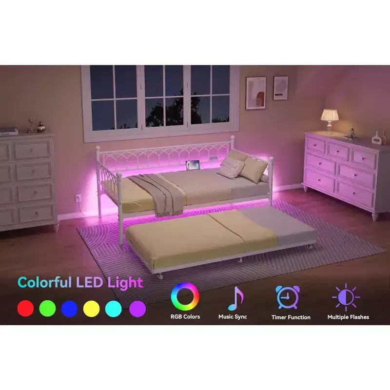 Letto a Giorno Singolo con Letto Estraibile, Letto a Giorno in Metallo Misura Singola, Struttura Letto Divano con Letto Estraibile, Non Richiede Rete a Molle, per Soggiorno, Camera da Letto
