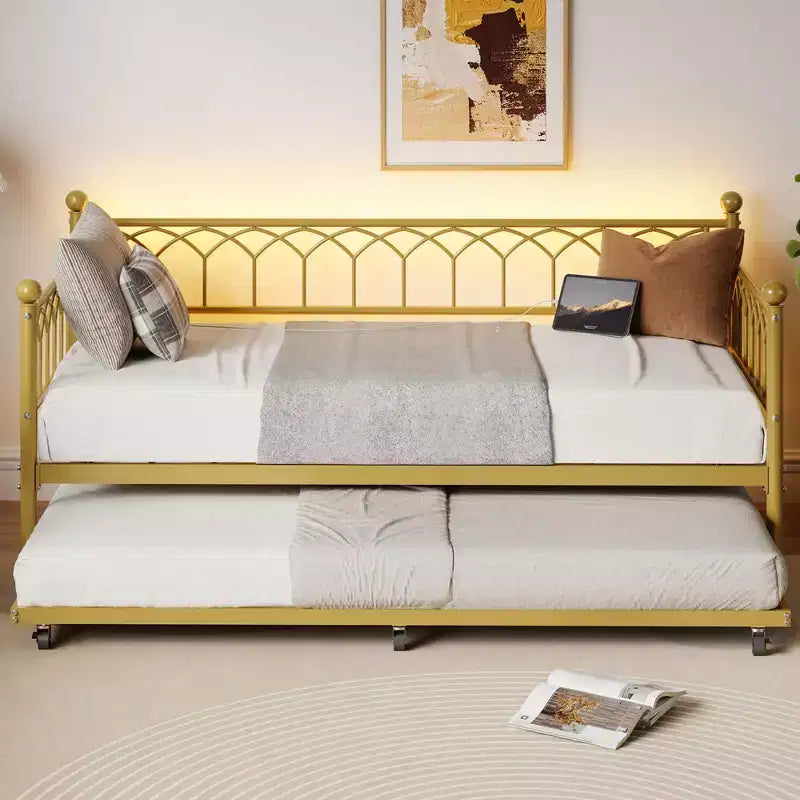 Letto a Giorno Singolo con Letto Estraibile, Letto a Giorno in Metallo Misura Singola, Struttura Letto Divano con Letto Estraibile, Non Richiede Rete a Molle, per Soggiorno, Camera da Letto