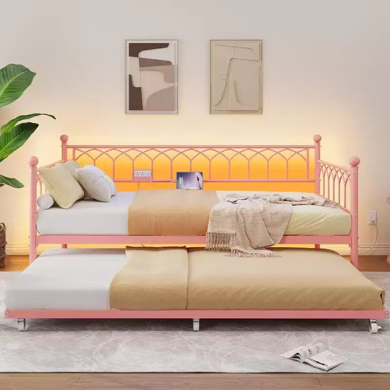 Letto a Giorno Singolo con Letto Estraibile, Letto a Giorno in Metallo Misura Singola, Struttura Letto Divano con Letto Estraibile, Non Richiede Rete a Molle, per Soggiorno, Camera da Letto