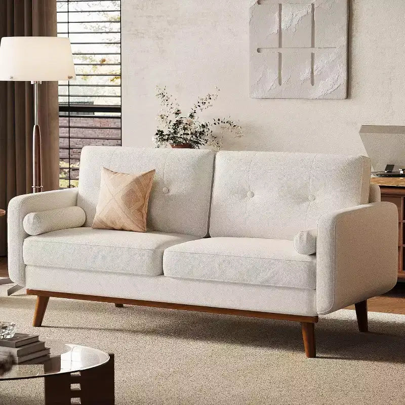65 Inch Modern Loveseat Sofa, Linen Upholstered 2 Seater Couch, Button Tufted Upholstered Furniture, Mid Century Decor Love Seat Couches