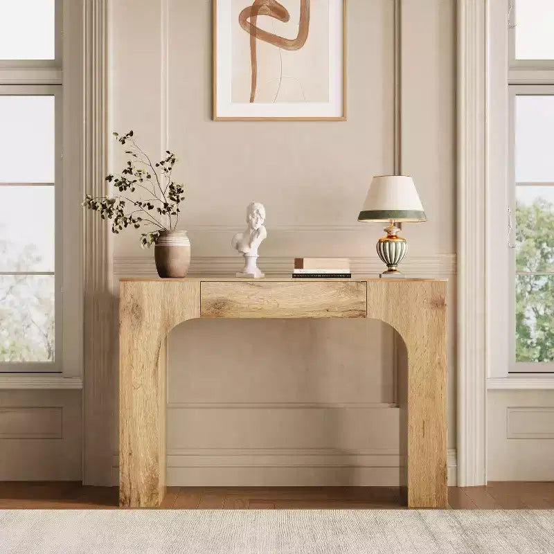 Console da tavolo con cassetto portaoggetti, Tavolino da divano industriale rustico per ingresso, soggiorno, corridoio, atrio