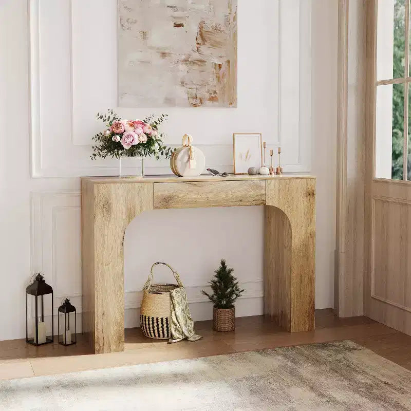 Console da tavolo con cassetto portaoggetti, Tavolino da divano industriale rustico per ingresso, soggiorno, corridoio, atrio