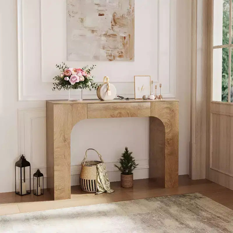 Console da tavolo con cassetto portaoggetti, Tavolino da divano industriale rustico per ingresso, soggiorno, corridoio, atrio