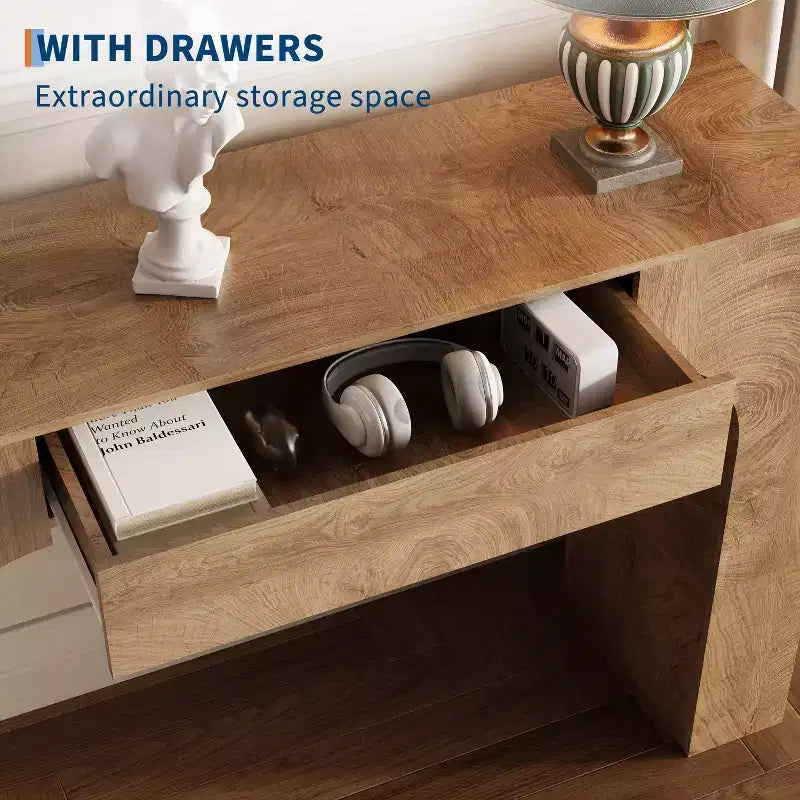 Console da tavolo con cassetto portaoggetti, Tavolino da divano industriale rustico per ingresso, soggiorno, corridoio, atrio
