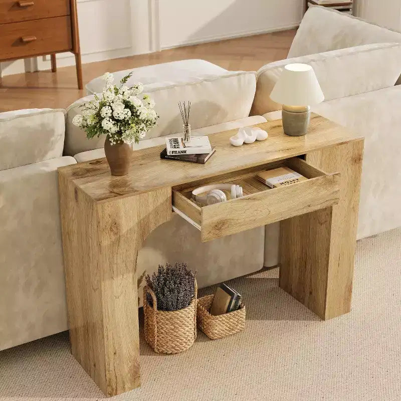 Console da tavolo con cassetto portaoggetti, Tavolino da divano industriale rustico per ingresso, soggiorno, corridoio, atrio