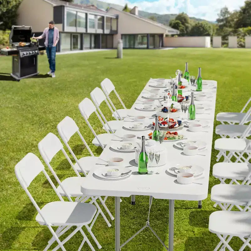 Tavolo pieghevole in plastica da 8 piedi, tavolo lungo portatile per uso interno ed esterno, rettangolare con maniglia per il trasporto, bianco