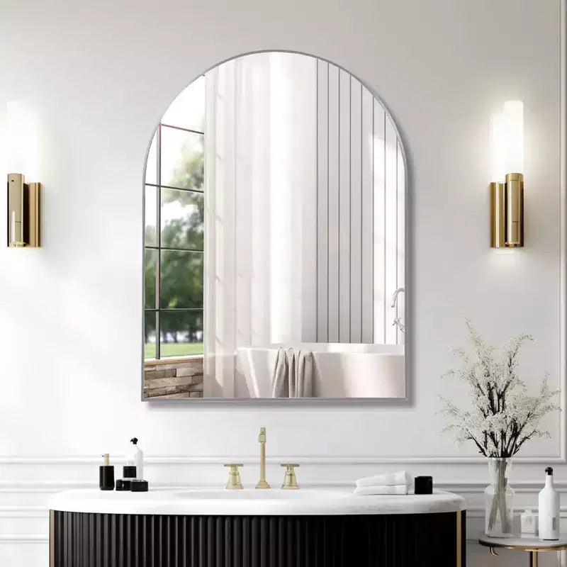 Specchio da parete ad arco con cornice in alluminio nero da 30 x 40 pollici per bagno, vanità, camera da letto, ingresso e soggiorno