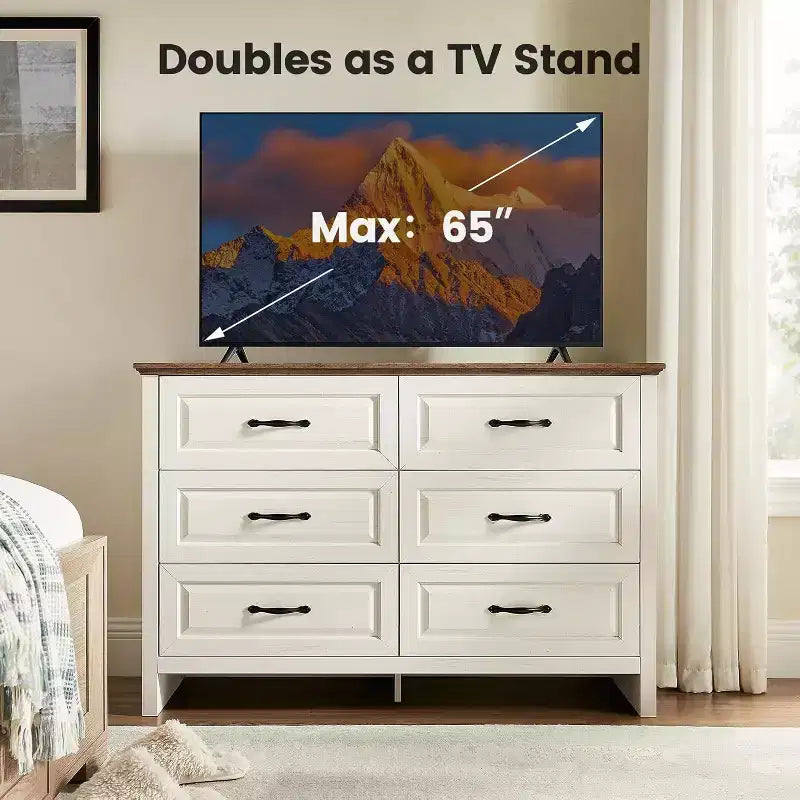 Comò a 6 cassetti per camera da letto, 120 cm con texture naturale, cassetti grandi, cassettiera rustica in stile country per camera da letto, soggiorno, corridoio