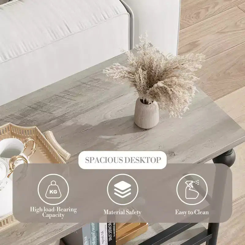 Tavolino da divano stretto 43, Tavolino da console con spazio di archiviazione, Tavolino stretto da ingresso a 3 livelli con ripiani, Tavolino laterale industriale in legno, per camera da letto