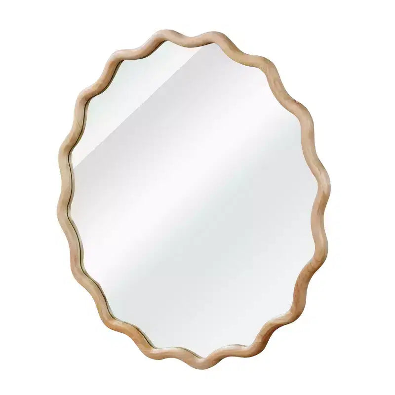 Specchio decorativo da parete moderno da fattoria con cornice in legno massello rotonda ondulata da 36 pollici per camera da letto bagno soggiorno ingresso legno naturale