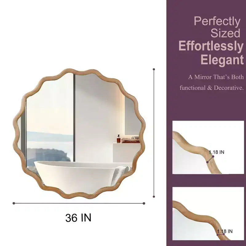 Specchio decorativo da parete moderno da fattoria con cornice in legno massello rotonda ondulata da 36 pollici per camera da letto bagno soggiorno ingresso legno naturale